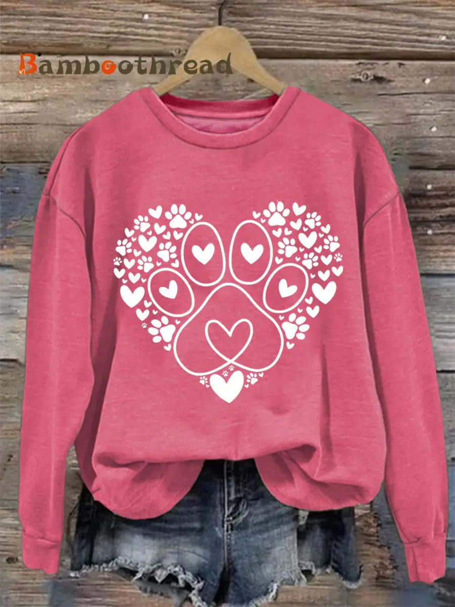 Women’s Paw Heart Print Dog Lovers Valentine’s Day Casual Sweatshirt Dark Pink / S