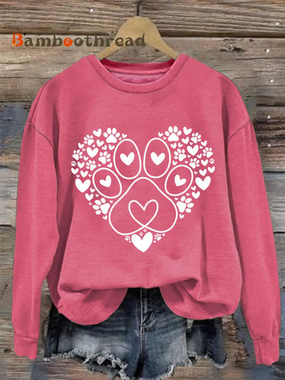 Women’s Paw Heart Print Dog Lovers Valentine’s Day Casual Sweatshirt Dark Pink / S