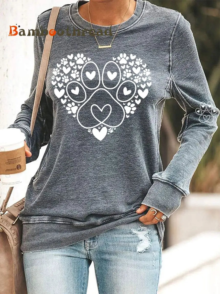 Women’s Paw Heart Print Dog Lovers Valentine’s Day Casual Sweatshirt Gray / S