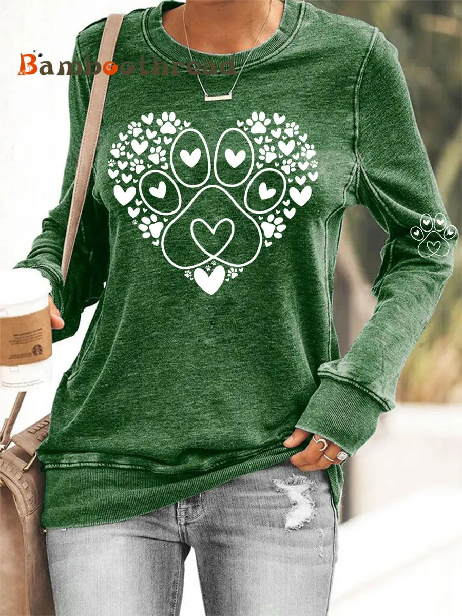 Women’s Paw Heart Print Dog Lovers Valentine’s Day Casual Sweatshirt Green / S