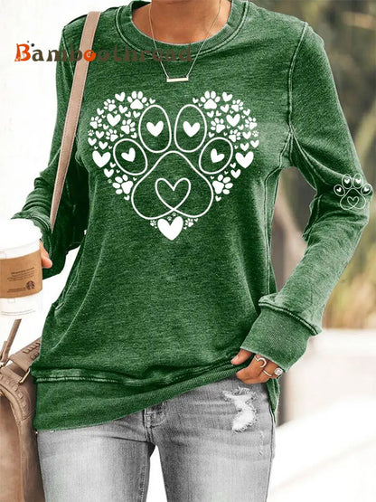 Women’s Paw Heart Print Dog Lovers Valentine’s Day Casual Sweatshirt Green / S