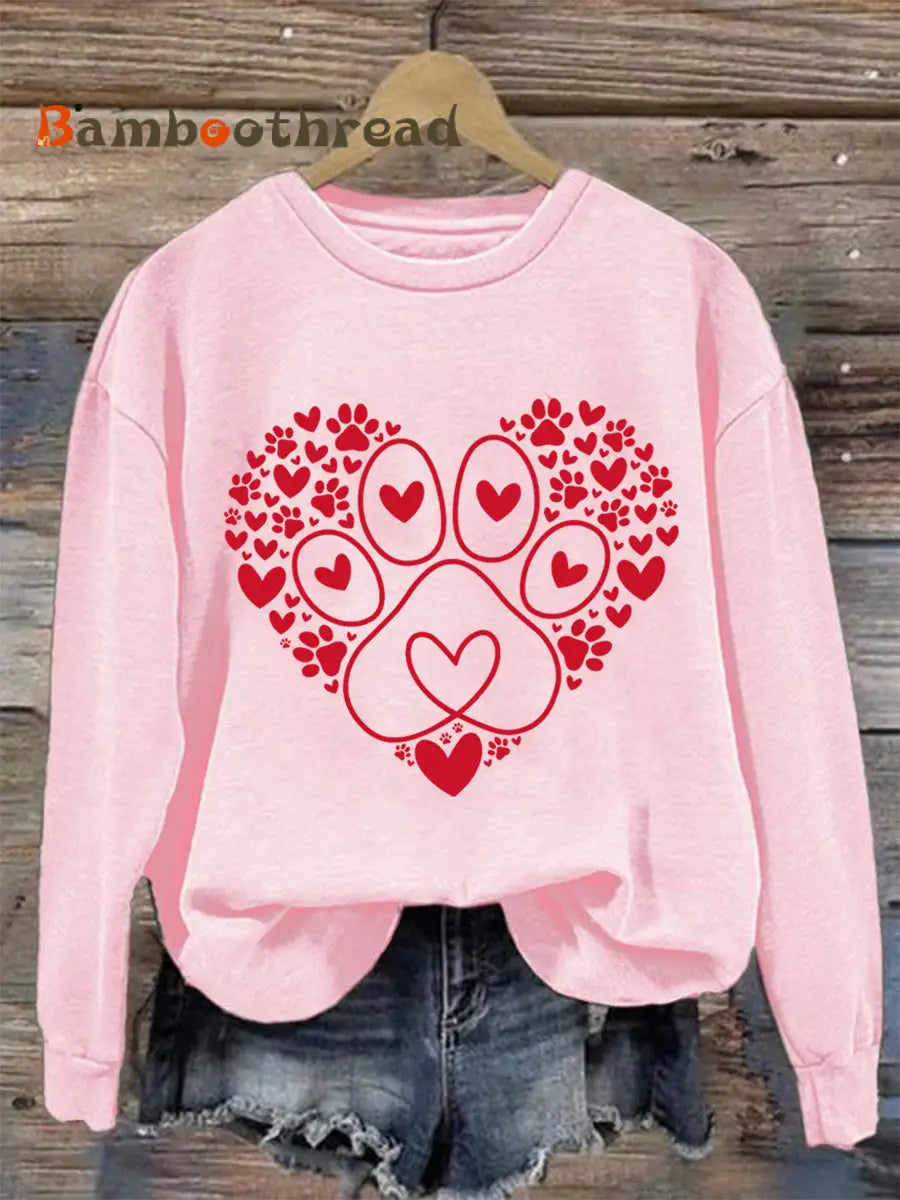 Women’s Paw Heart Print Dog Lovers Valentine’s Day Casual Sweatshirt Pink / S