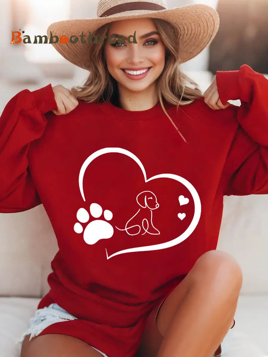 Women’s Paw Heart Print Dog Lovers Valentine’s Day Casual Sweatshirt Red / S