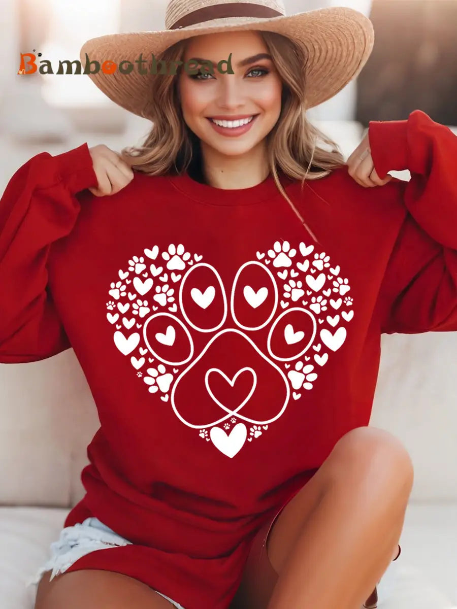 Women’s Paw Heart Print Dog Lovers Valentine’s Day Casual Sweatshirt Red / S