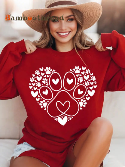 Women’s Paw Heart Print Dog Lovers Valentine’s Day Casual Sweatshirt Red / S