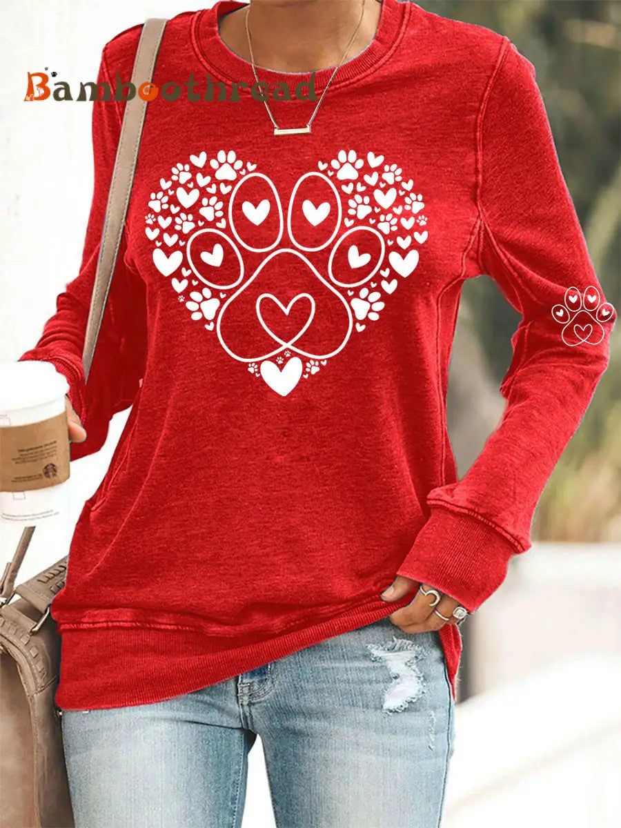 Women’s Paw Heart Print Dog Lovers Valentine’s Day Casual Sweatshirt Red / S