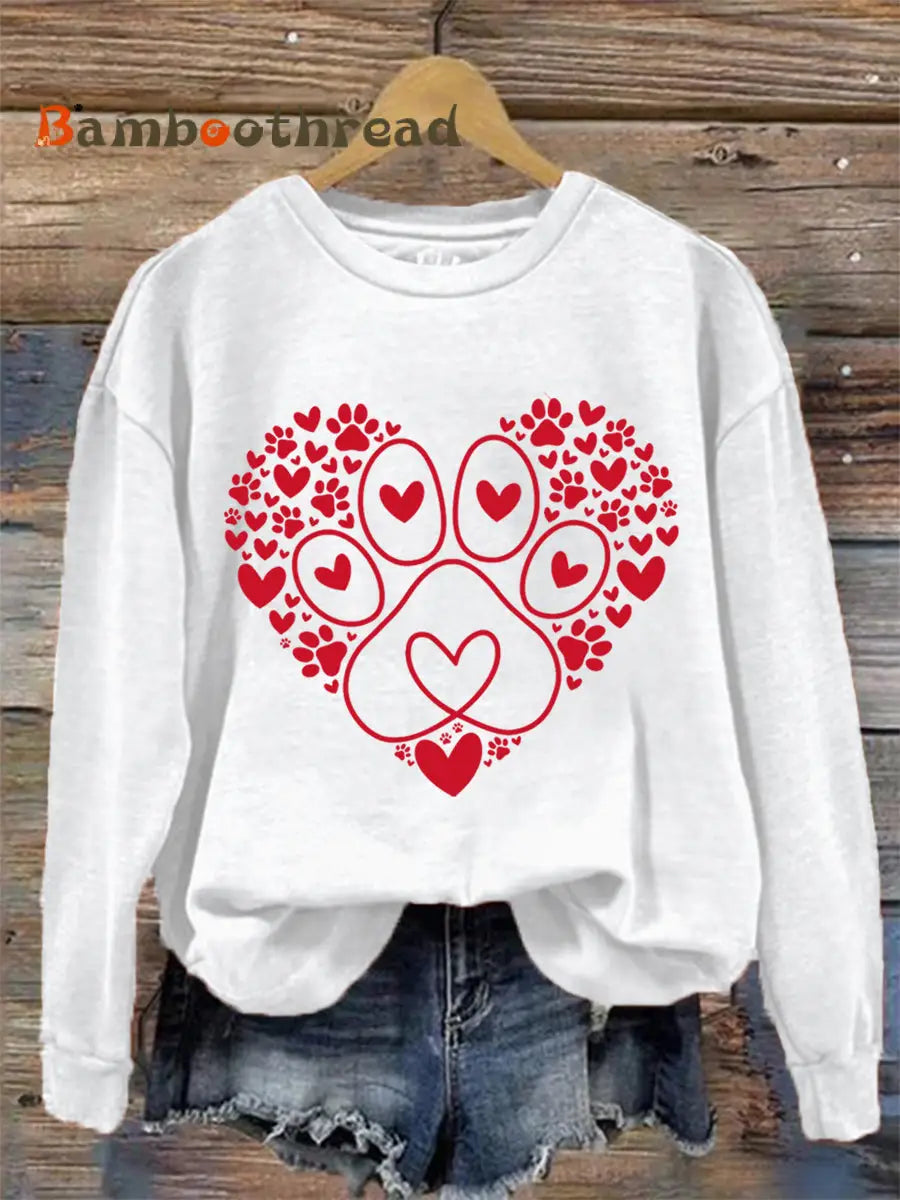 Women’s Paw Heart Print Dog Lovers Valentine’s Day Casual Sweatshirt White / S