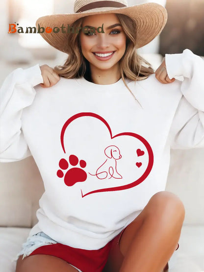 Women’s Paw Heart Print Dog Lovers Valentine’s Day Casual Sweatshirt White / S
