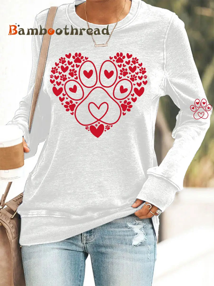 Women’s Paw Heart Print Dog Lovers Valentine’s Day Casual Sweatshirt White / S