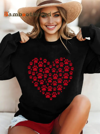 Women’s Paw Heart Print Valentine’s Day Casual Sweatshirt Black / S