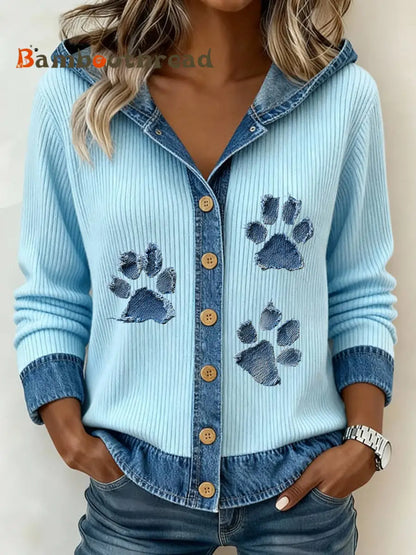 Women’s Paw Print Denim Patchwork Cardigan Light Blue / S
