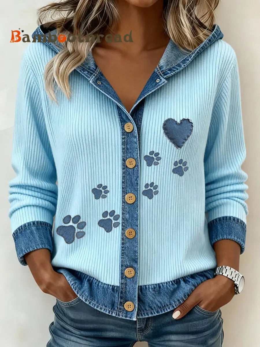 Women’s Paw Print Denim Patchwork Cardigan Light Blue / S