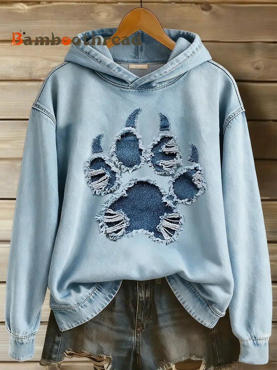 Women’s Paw Print Long Sleeved Hooded Sweatshirt Blue / S