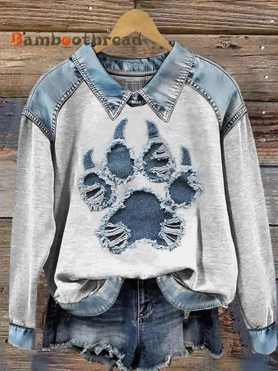 Women’s Paw Print Patchwork Lapel Long Sleeved Sweatshirt Gray / S
