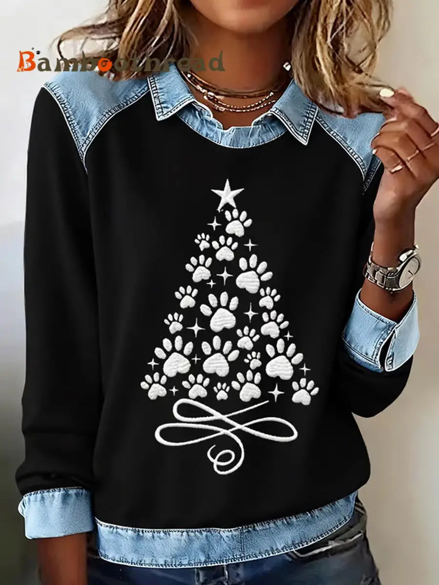 Women’s Paws Christmas Tree Print Casual Sweatshirt Black / S