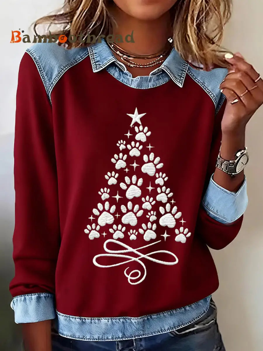 Women’s Paws Christmas Tree Print Casual Sweatshirt Deep Red / S