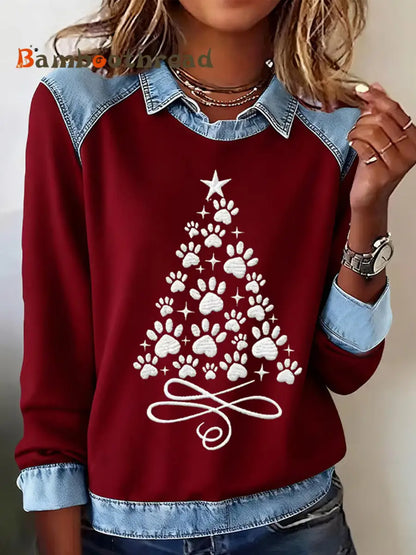 Women’s Paws Christmas Tree Print Casual Sweatshirt Deep Red / S