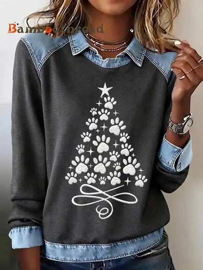 Women’s Paws Christmas Tree Print Casual Sweatshirt Gray / S