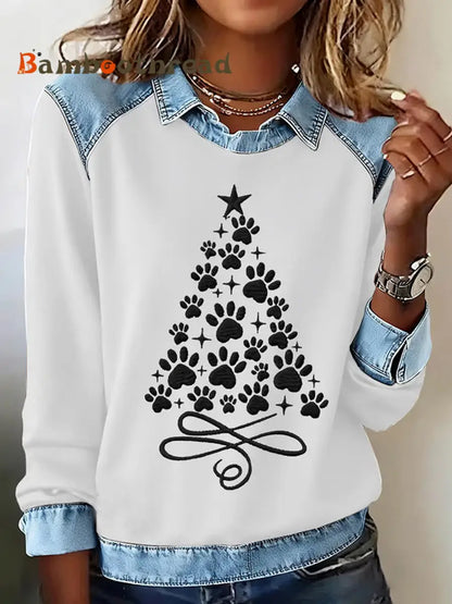 Women’s Paws Christmas Tree Print Casual Sweatshirt White / S