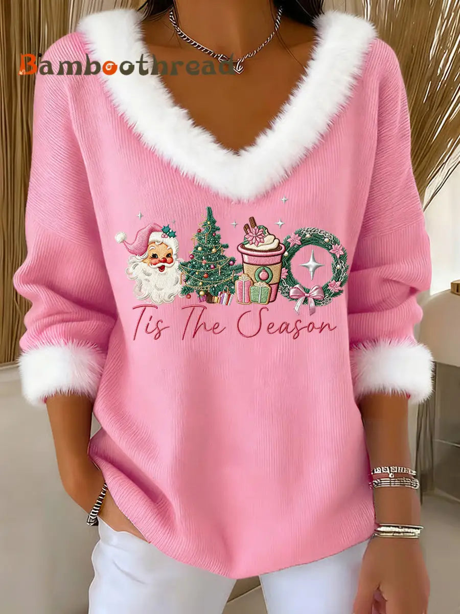 Women’s Pink Christmas Sants Claus Print Casual Fur Collar V-Neck Top Pink / S