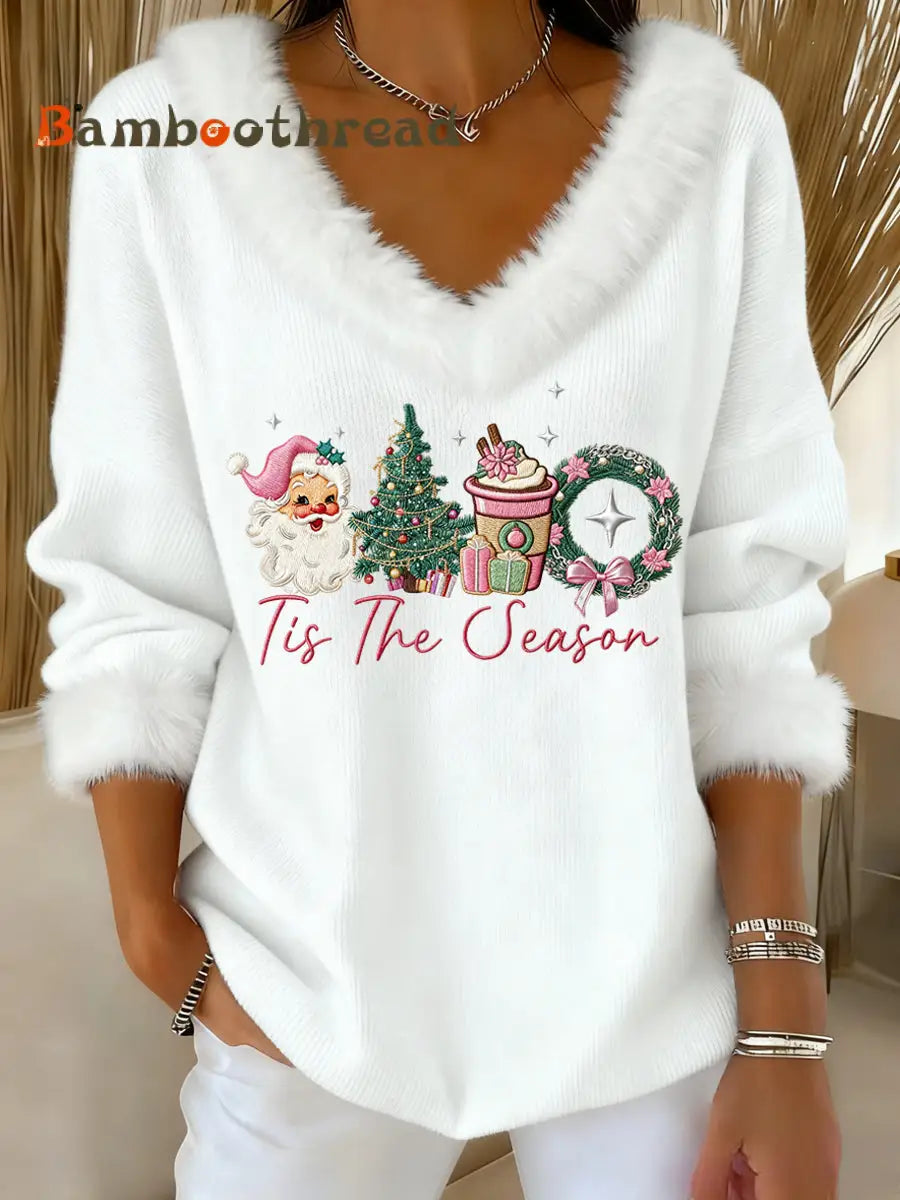 Women’s Pink Christmas Sants Claus Print Casual Fur Collar V-Neck Top White / S