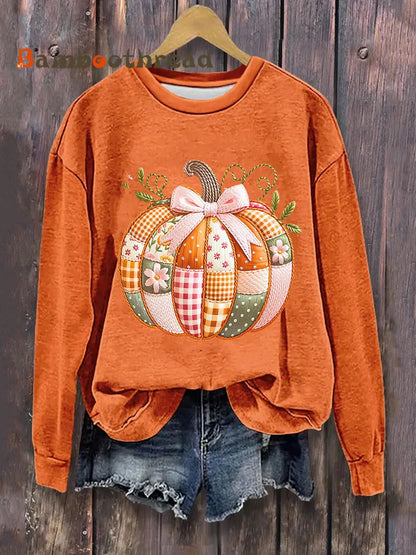 Women’s Pumpkin Art Print Casual Sweatshirt Pumpkin Orange / S