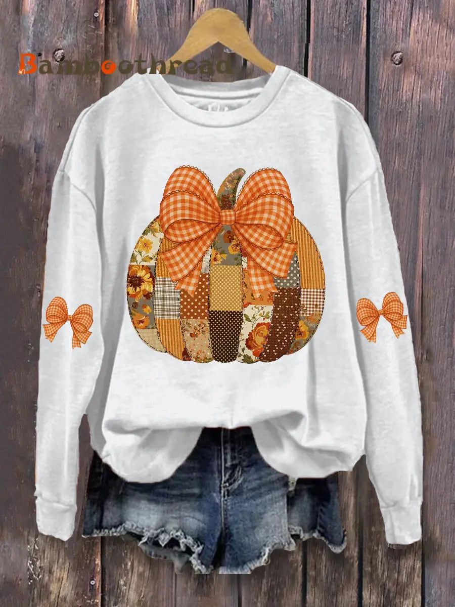 Women’s Pumpkin Art Print Casual Sweatshirt White / S