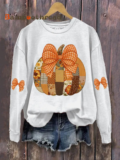 Women’s Pumpkin Art Print Casual Sweatshirt White / S