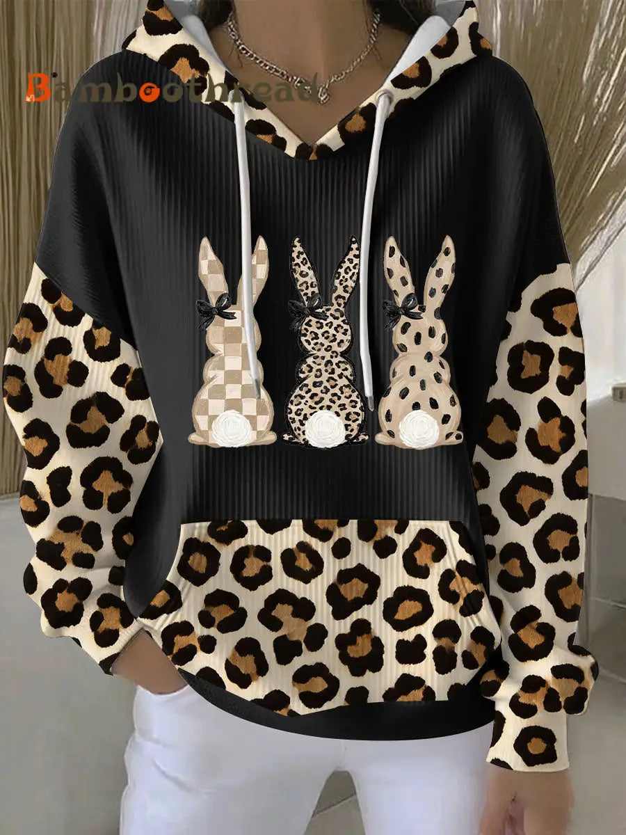 Women’s Rabbit Art Print Casual Hoodie Black / S