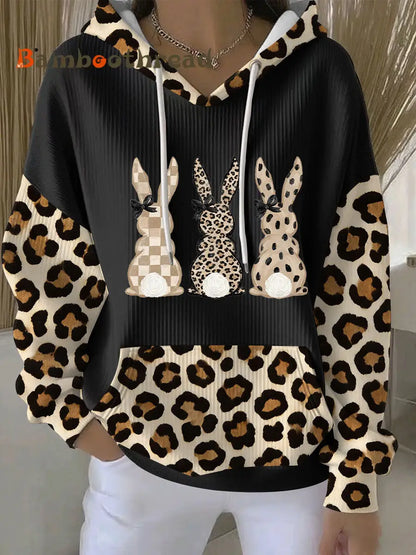 Women’s Rabbit Art Print Casual Hoodie Black / S