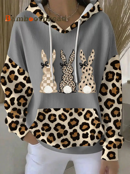 Women’s Rabbit Art Print Casual Hoodie Gray / S