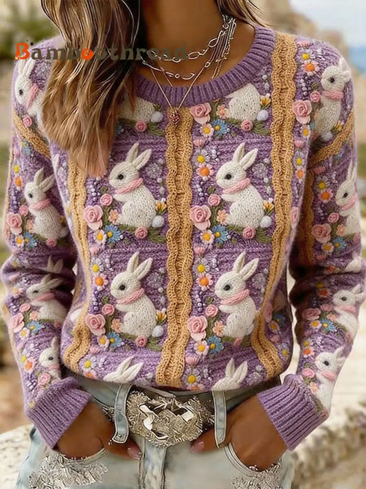 Women’s Rabbit Floral Print Casual Top Purple / S