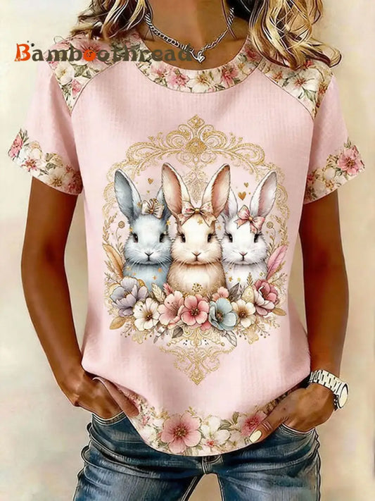 Women’s Rabbit Print Casual T-Shirt Pink / S