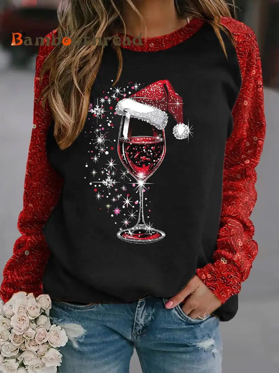 Women’s red wine glass print raglan sleeve sweatshirt Black / S