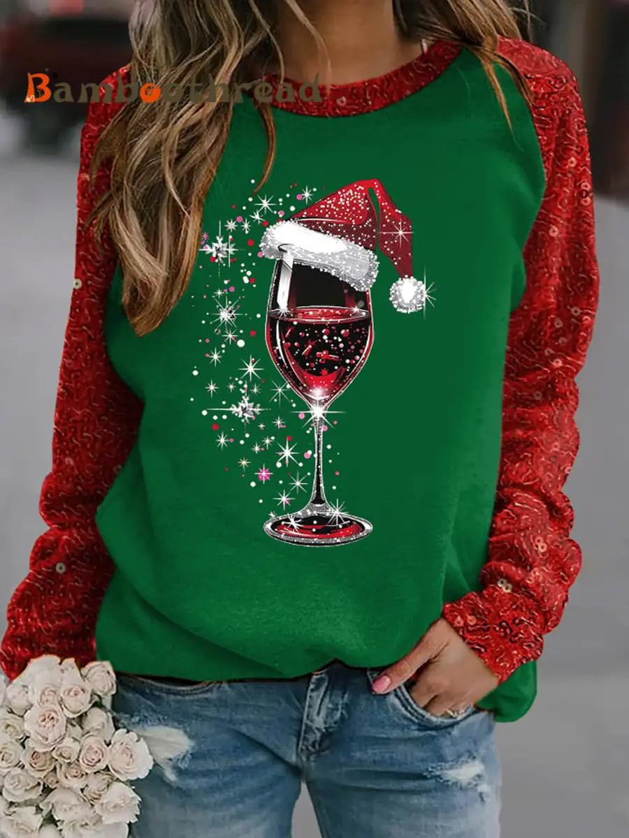 Women’s red wine glass print raglan sleeve sweatshirt Green / S
