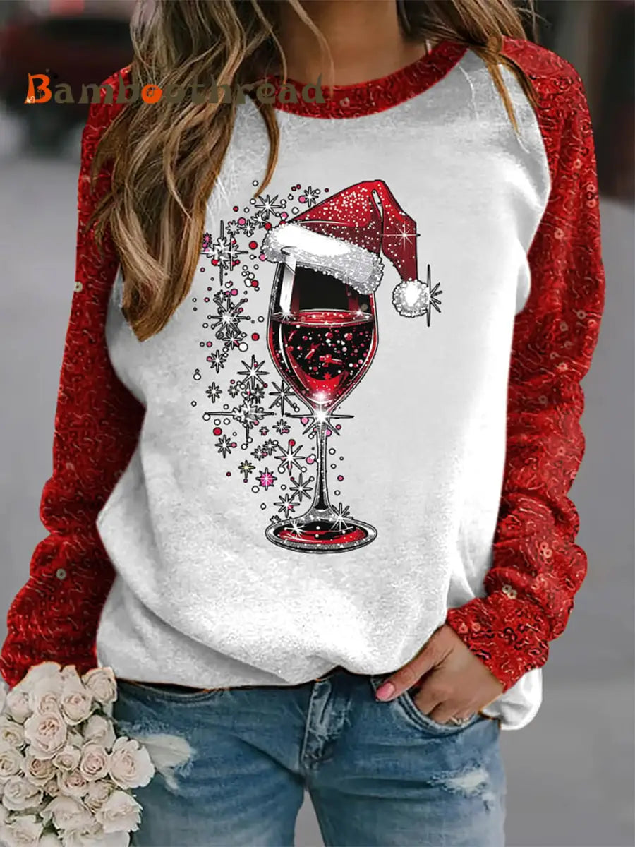 Women’s red wine glass print raglan sleeve sweatshirt White / S