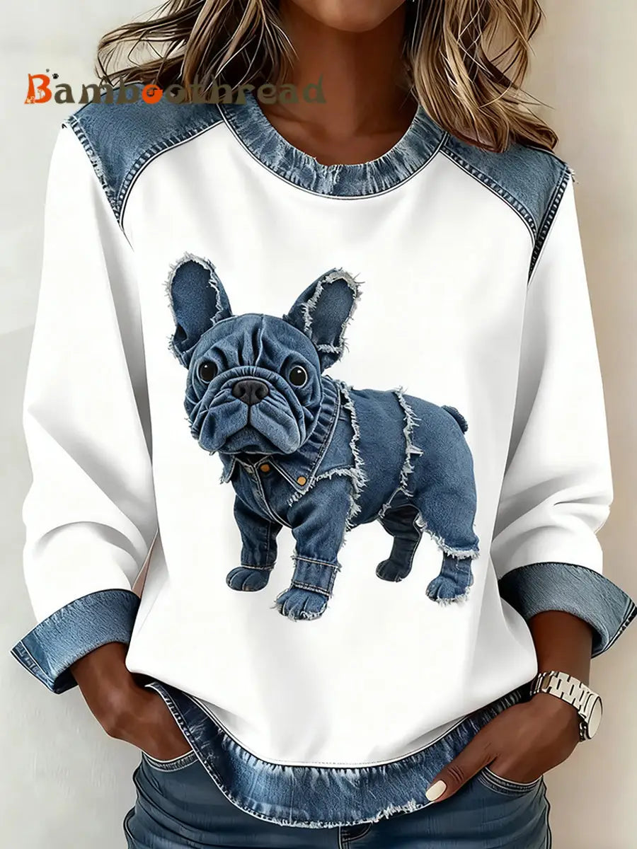 Women’s Retro Animal Art Print Comfortable Denim Patchwork Sweatshirt A / S