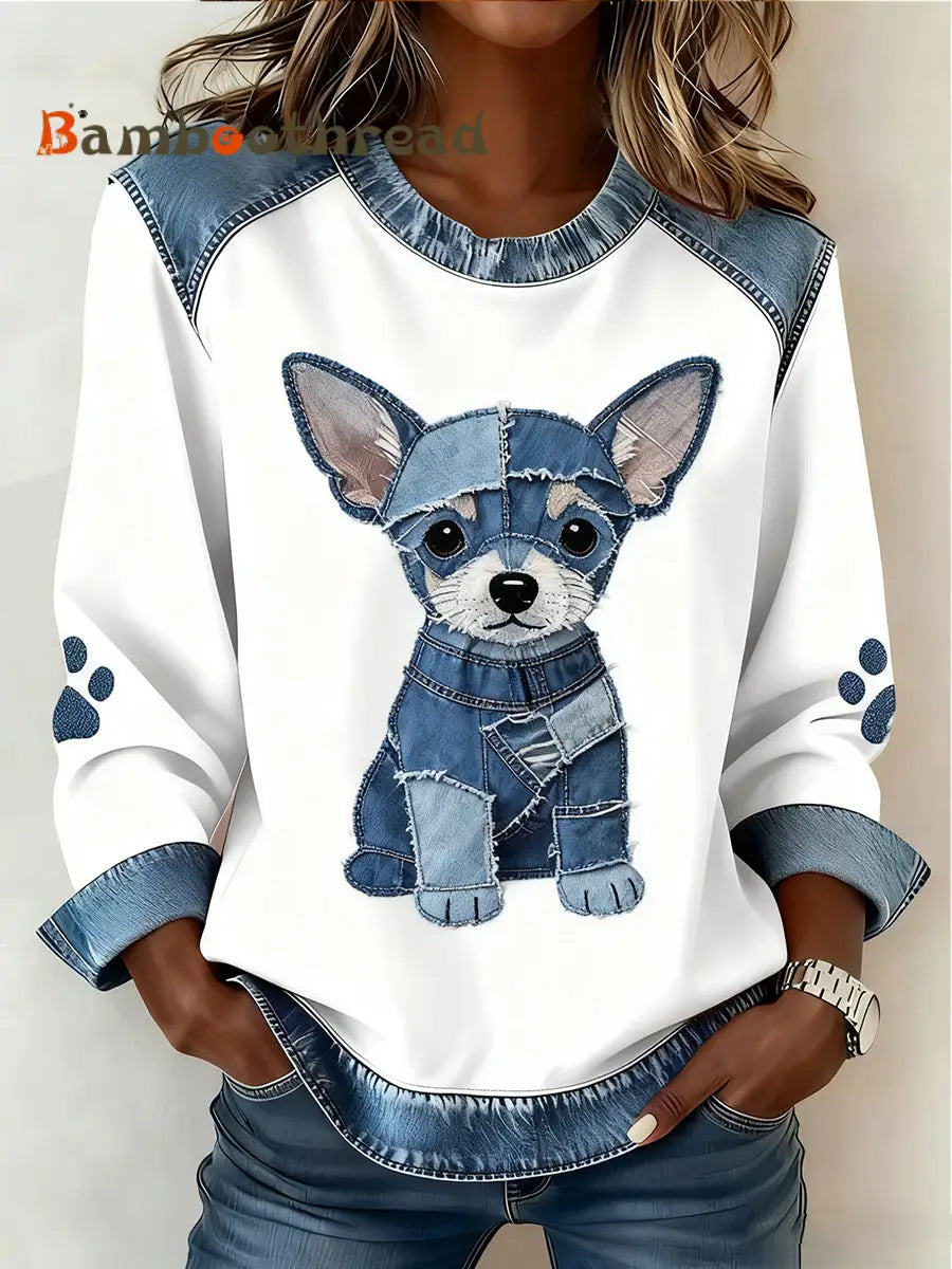 Women’s Retro Animal Art Print Comfortable Denim Patchwork Sweatshirt A / S