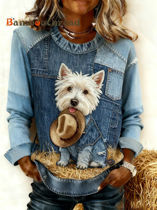 Women’s Retro Animal Art Print Comfortable Denim Patchwork Sweatshirt A / S