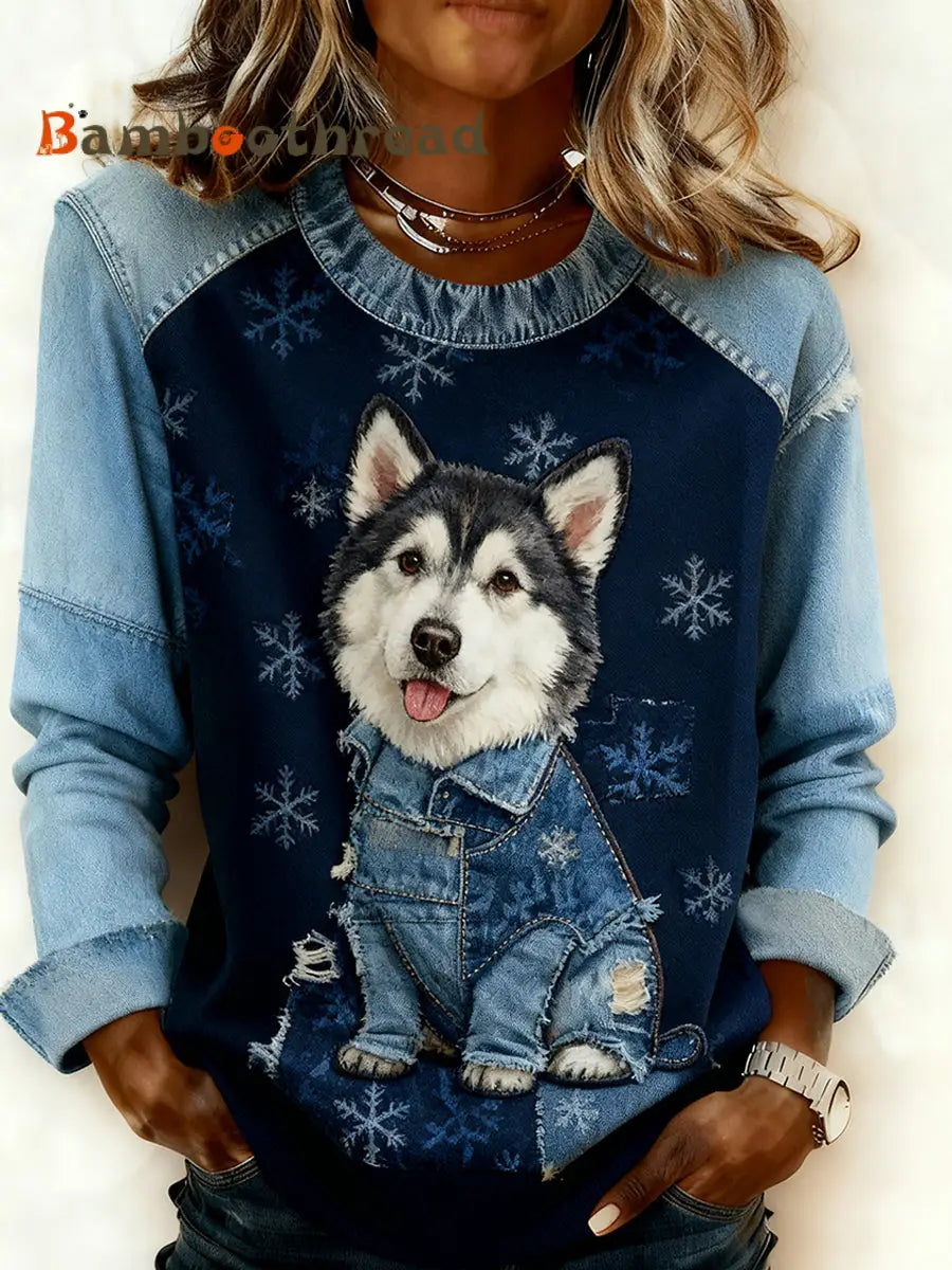 Women’s Retro Animal Art Print Comfortable Denim Patchwork Sweatshirt A / S