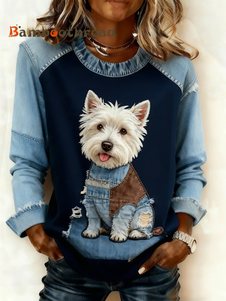 Women’s Retro Animal Art Print Comfortable Denim Patchwork Sweatshirt A / S