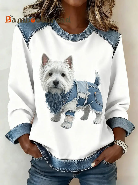 Women’s Retro Animal Art Print Comfortable Denim Patchwork Sweatshirt A / S