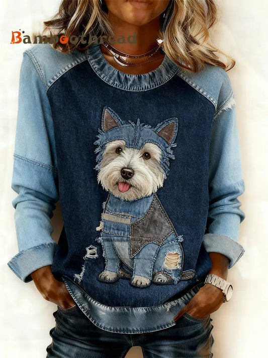 Women’s Retro Animal Art Print Comfortable Denim Patchwork Sweatshirt A / S
