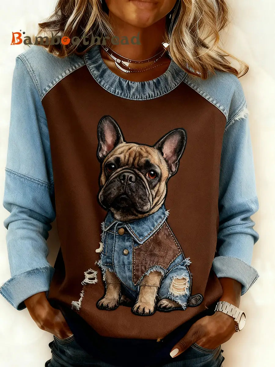 Women’s Retro Animal Art Print Comfortable Denim Patchwork Sweatshirt A / S
