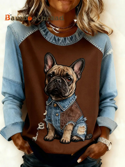 Women’s Retro Animal Art Print Comfortable Denim Patchwork Sweatshirt A / S