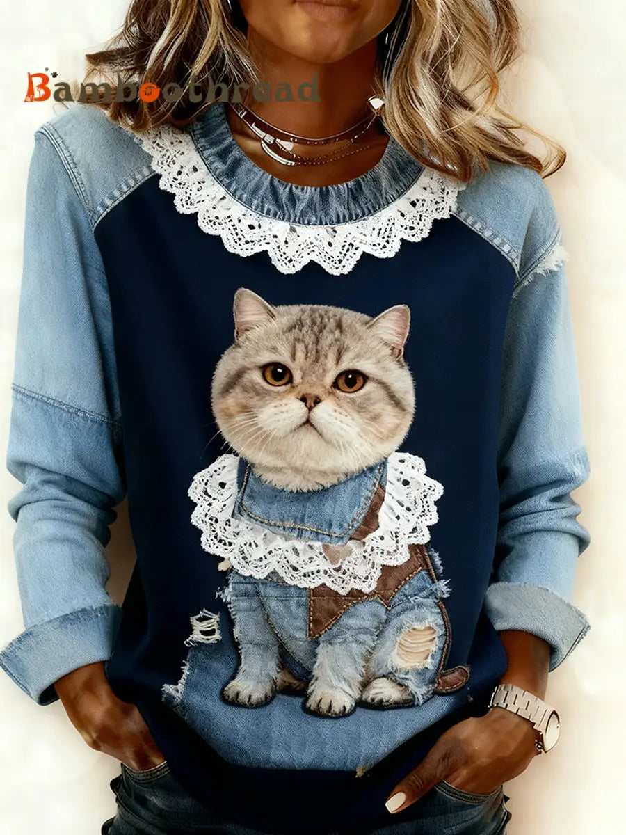 Women’s Retro Animal Art Print Comfortable Denim Patchwork Sweatshirt A / S