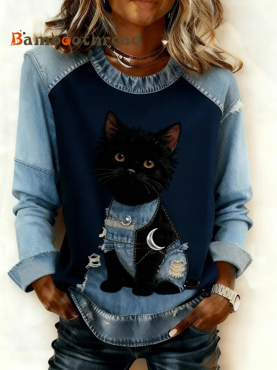 Women’s Retro Animal Art Print Comfortable Denim Patchwork Sweatshirt A / S