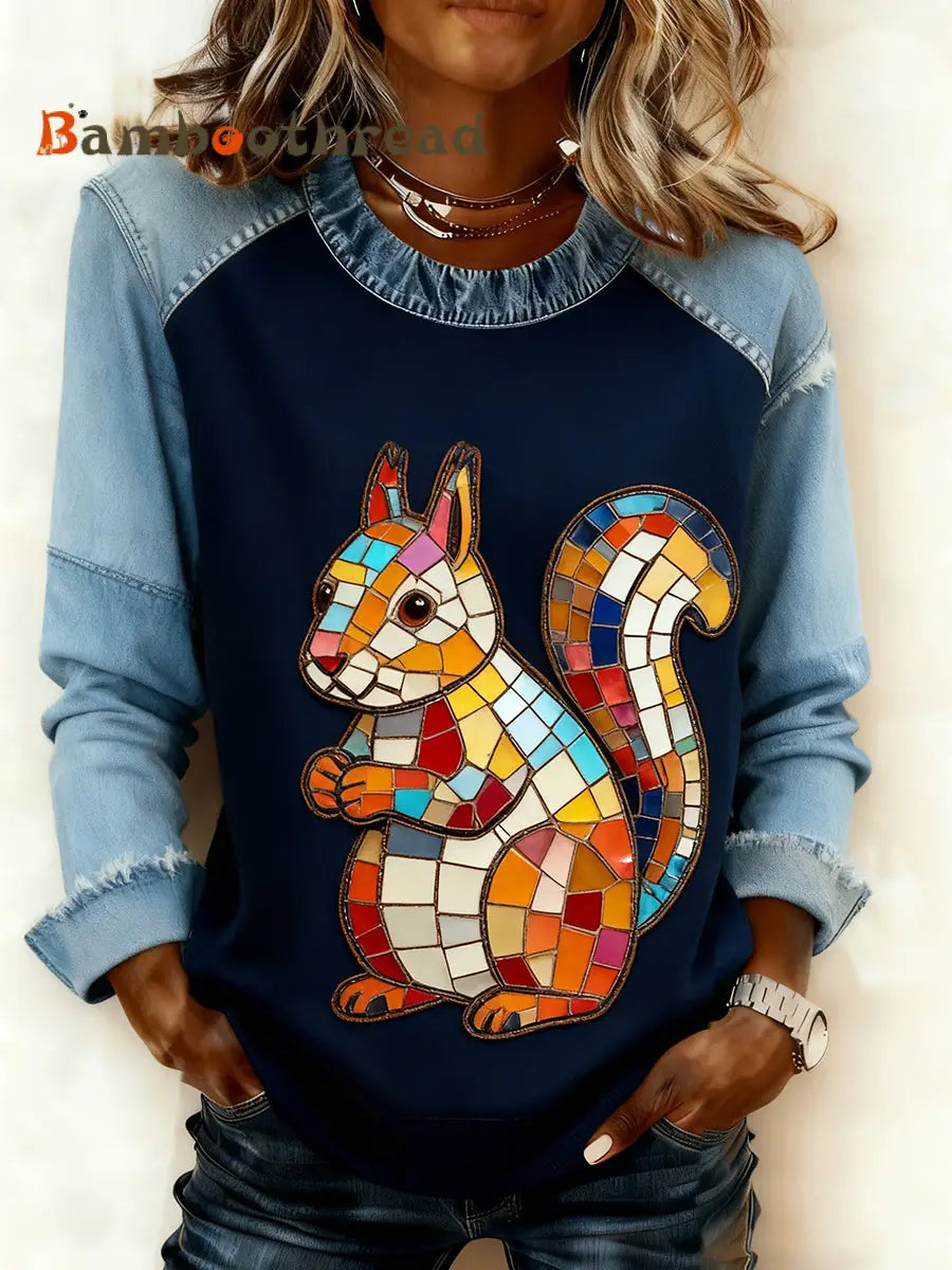 Women’s Retro Animal Art Print Comfortable Denim Patchwork Sweatshirt A / S