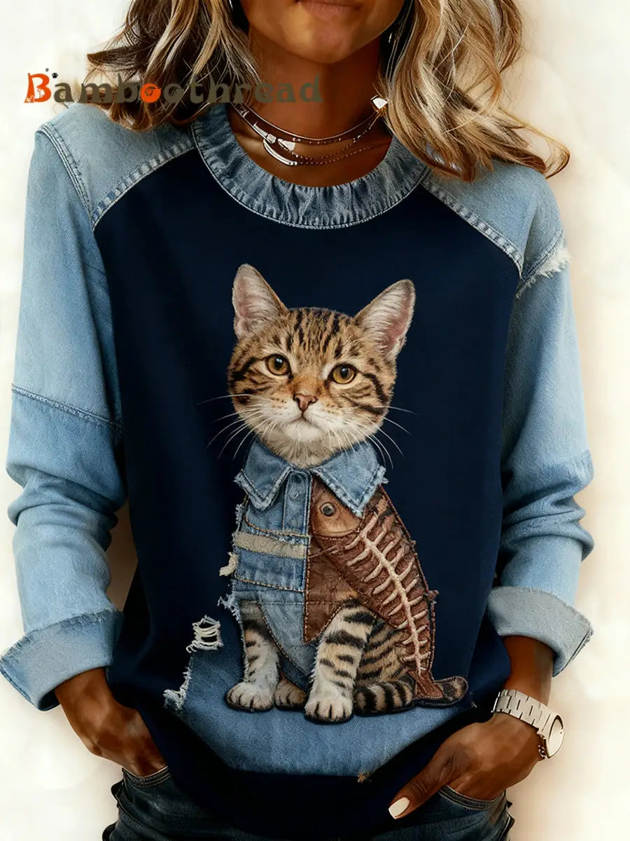 Women’s Retro Animal Art Print Comfortable Denim Patchwork Sweatshirt A / S