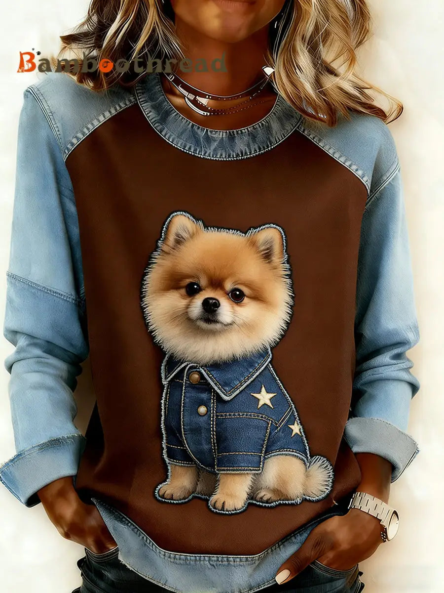 Women’s Retro Animal Art Print Comfortable Denim Patchwork Sweatshirt A / S